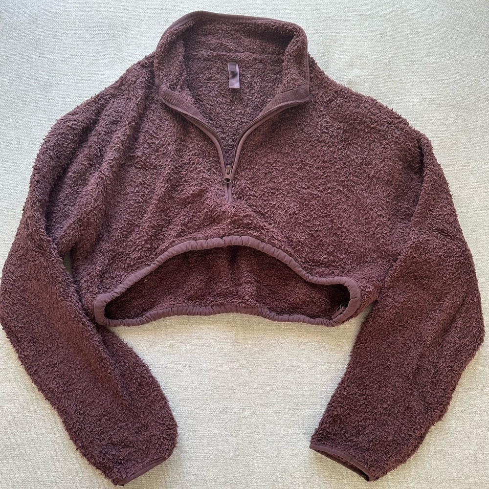 SKIMS Teddy Cropped Quarter-Zip Jacket  and PANTS in Dark Brown